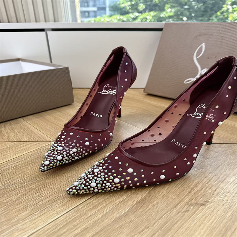 CL 【Red Sole】High heels with mesh, pearls, and gradient rhinestones
