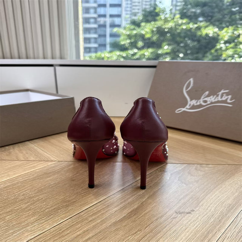 CL 【Red Sole】High heels with mesh, pearls, and gradient rhinestones