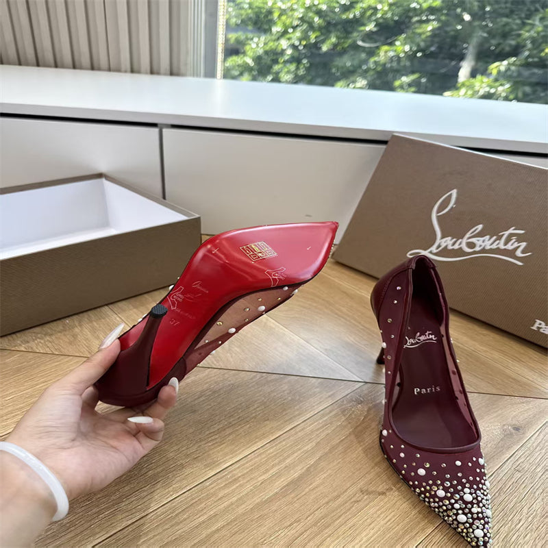CL 【Red Sole】High heels with mesh, pearls, and gradient rhinestones