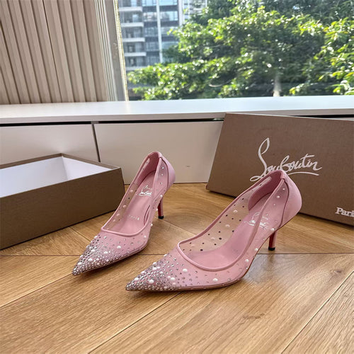 CL 【Red Sole】High heels with mesh, pearls, and gradient rhinestones