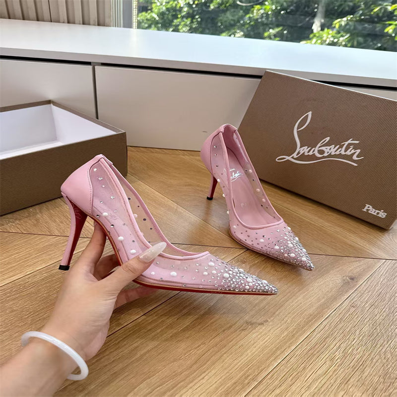 CL 【Red Sole】High heels with mesh, pearls, and gradient rhinestones