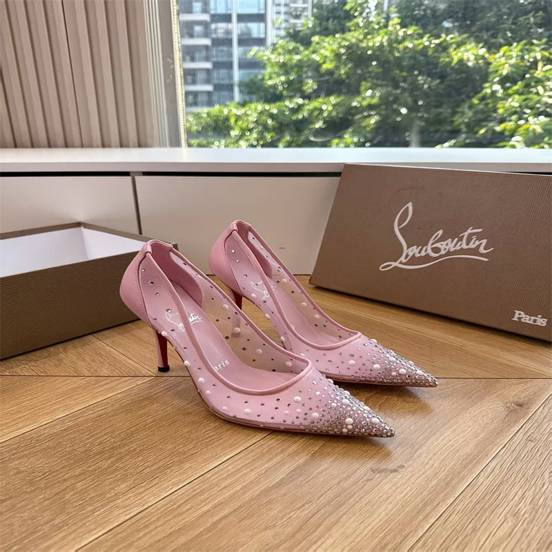 CL 【Red Sole】High heels with mesh, pearls, and gradient rhinestones