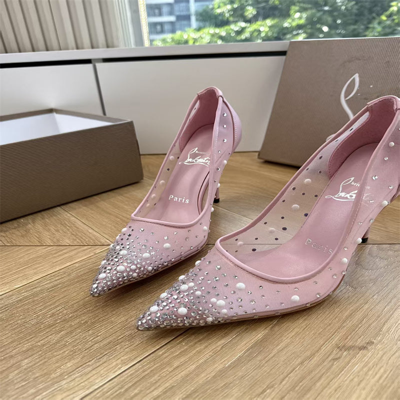 CL 【Red Sole】High heels with mesh, pearls, and gradient rhinestones