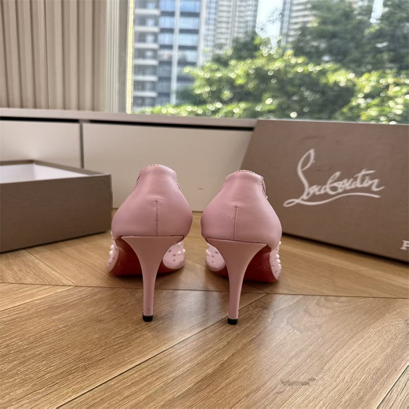 CL 【Red Sole】High heels with mesh, pearls, and gradient rhinestones