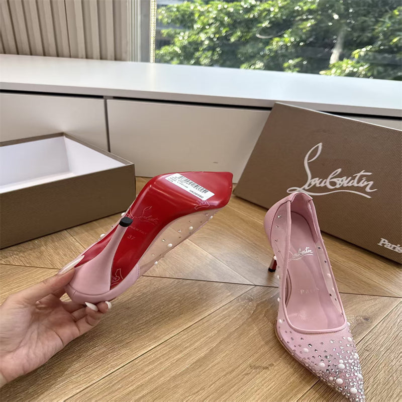 CL 【Red Sole】High heels with mesh, pearls, and gradient rhinestones