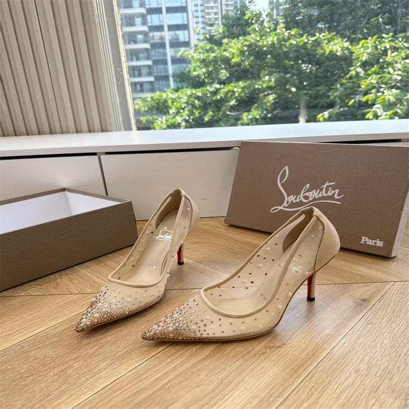 CL 【Red Sole】High heels with mesh, pearls, and gradient rhinestones