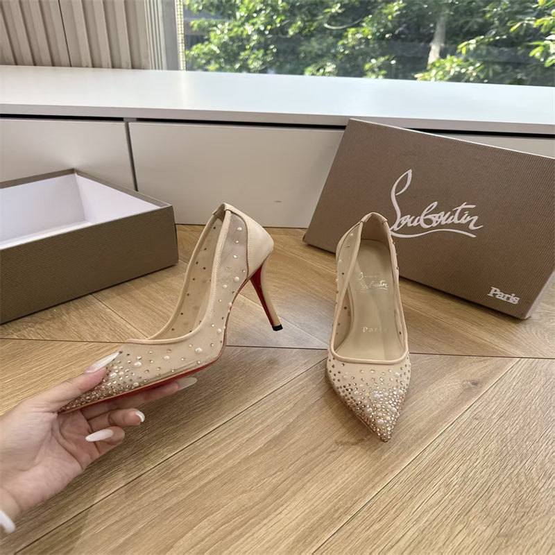 CL 【Red Sole】High heels with mesh, pearls, and gradient rhinestones