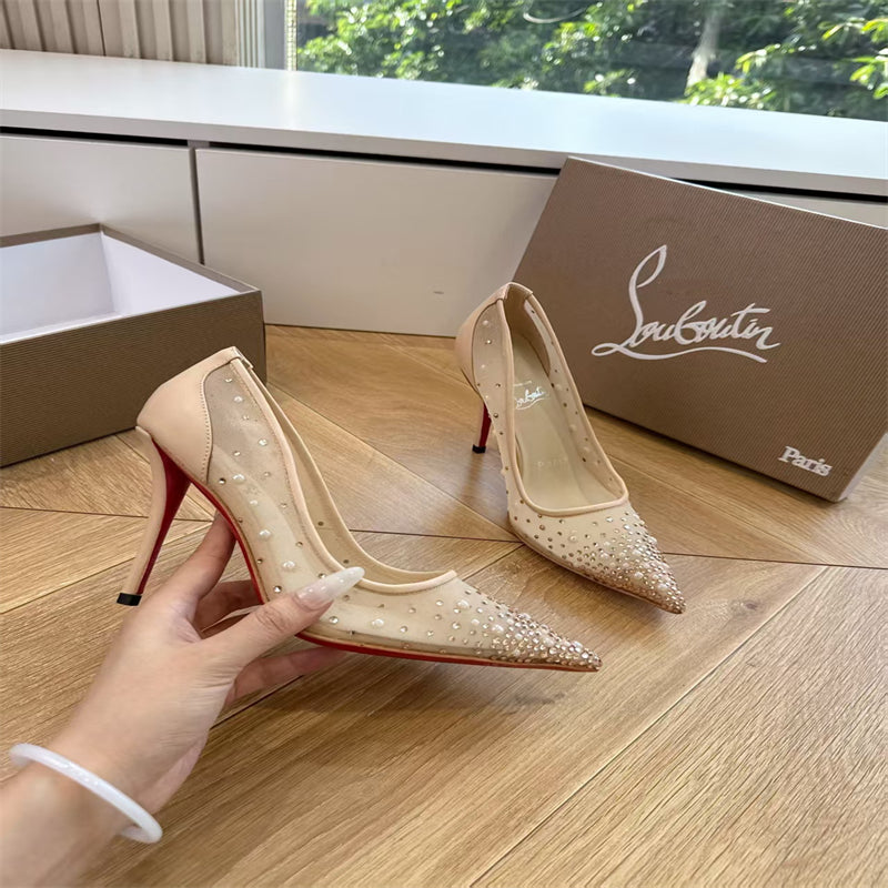 CL 【Red Sole】High heels with mesh, pearls, and gradient rhinestones