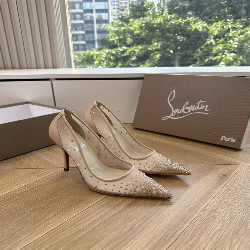 CL 【Red Sole】High heels with mesh, pearls, and gradient rhinestones
