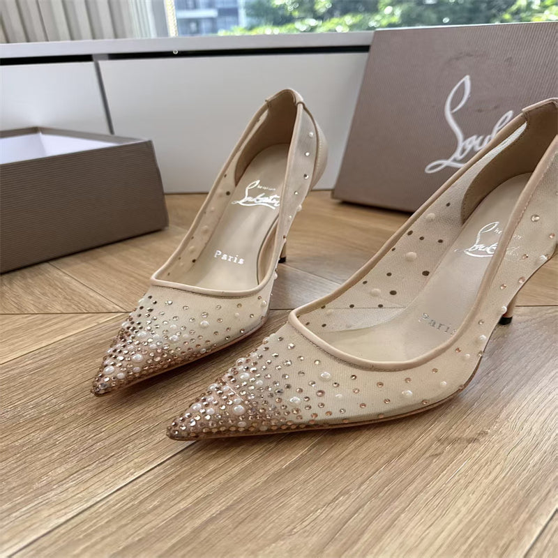 CL 【Red Sole】High heels with mesh, pearls, and gradient rhinestones