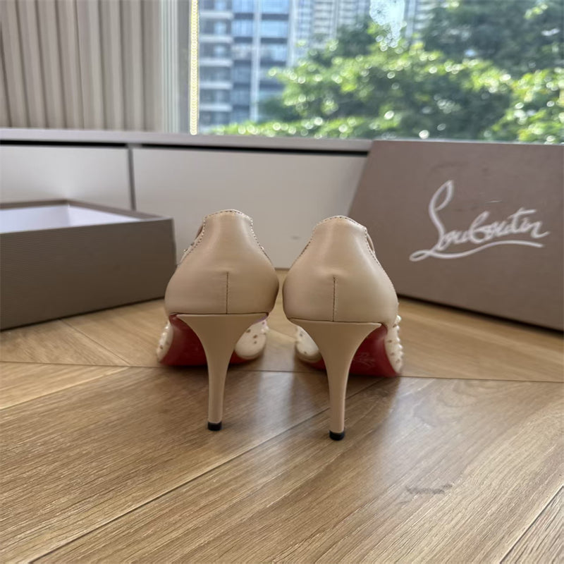 CL 【Red Sole】High heels with mesh, pearls, and gradient rhinestones