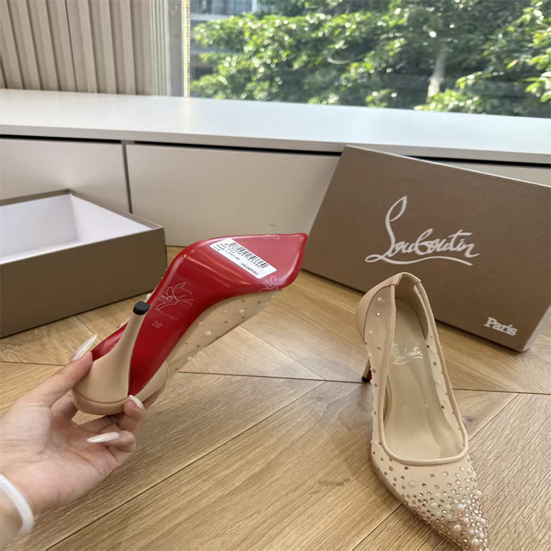 CL 【Red Sole】High heels with mesh, pearls, and gradient rhinestones