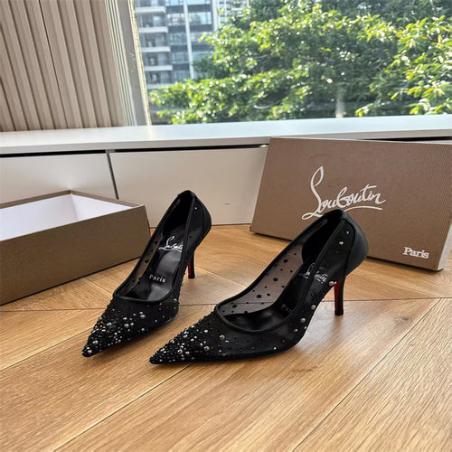 CL 【Red Sole】High heels with mesh, pearls, and gradient rhinestones