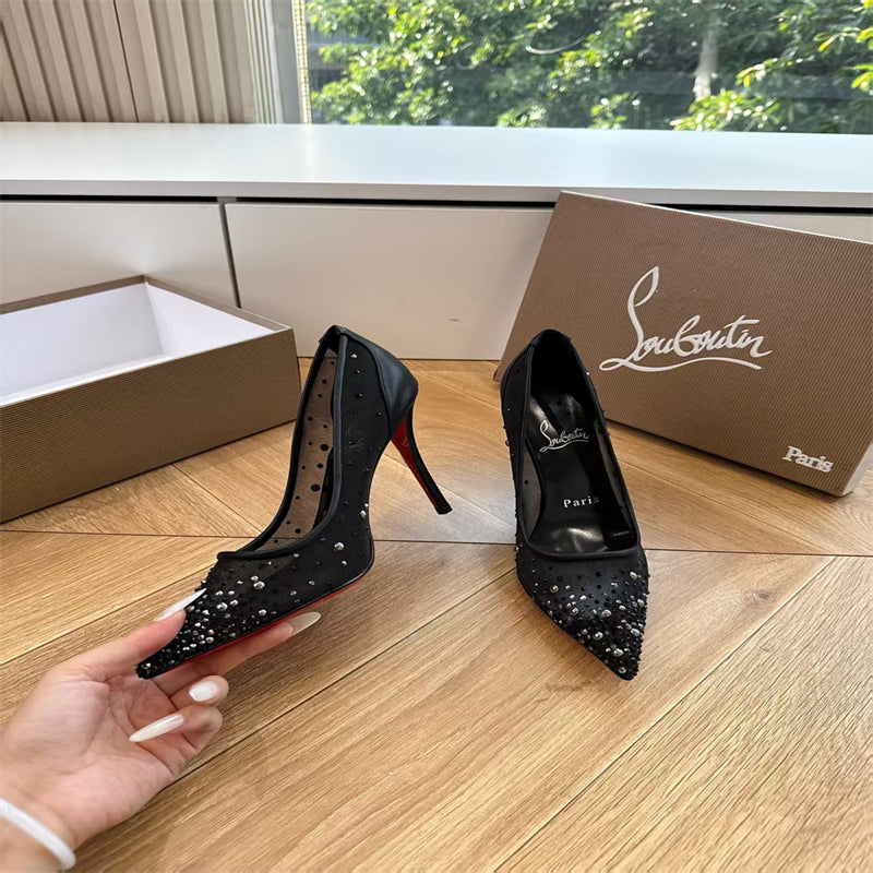 CL 【Red Sole】High heels with mesh, pearls, and gradient rhinestones