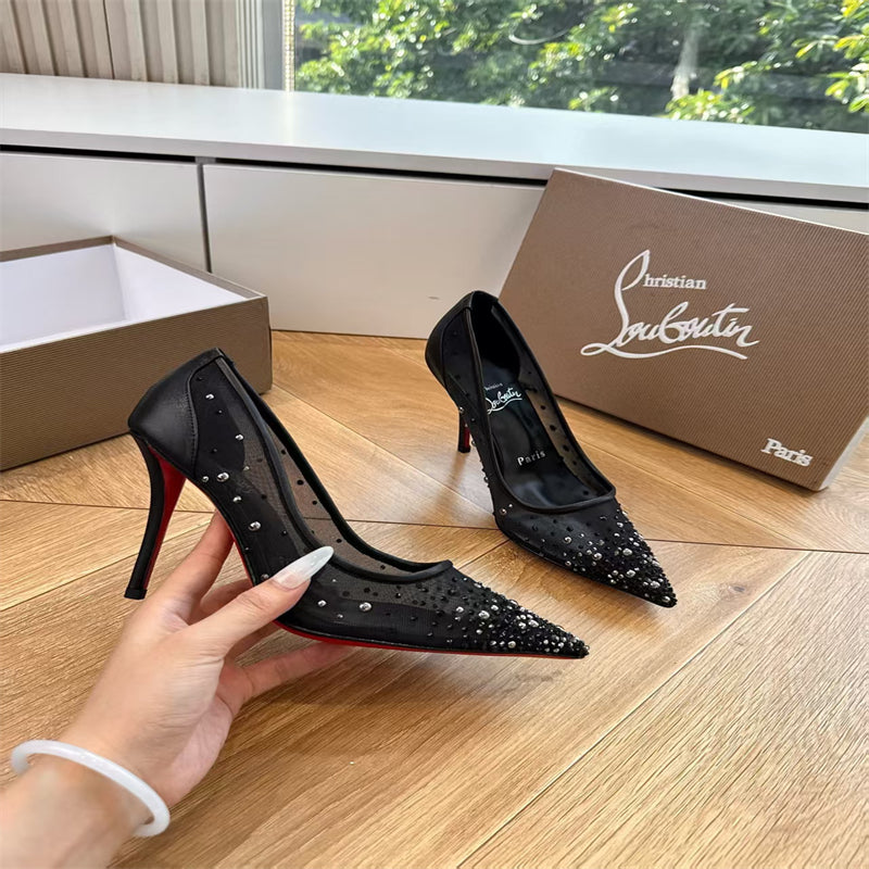 CL 【Red Sole】High heels with mesh, pearls, and gradient rhinestones