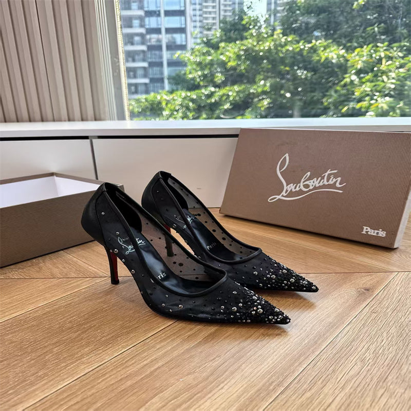 CL 【Red Sole】High heels with mesh, pearls, and gradient rhinestones