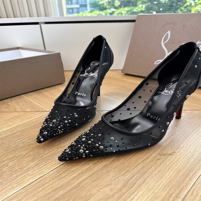 CL 【Red Sole】High heels with mesh, pearls, and gradient rhinestones