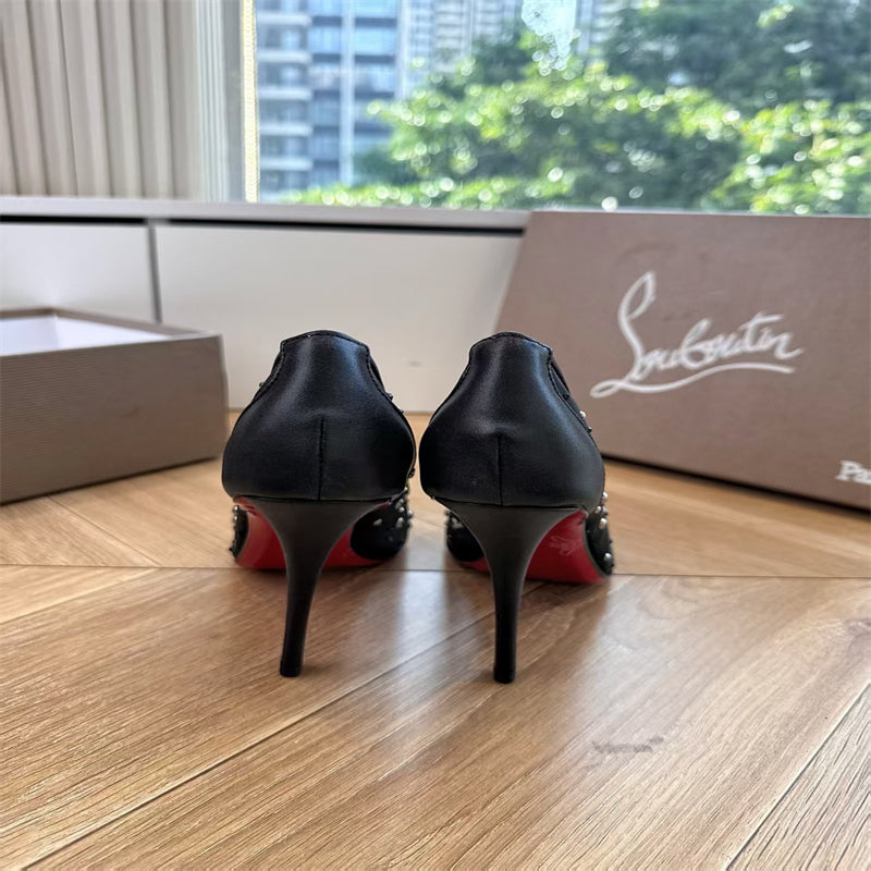 CL 【Red Sole】High heels with mesh, pearls, and gradient rhinestones