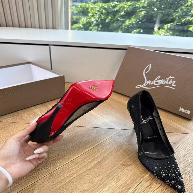 CL 【Red Sole】High heels with mesh, pearls, and gradient rhinestones