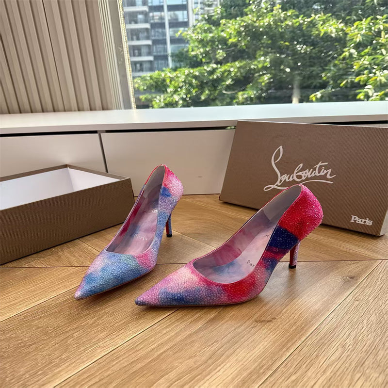 CL 【Red Sole】Rainbow gradient rhinestone-encrusted pointed-toe high heels