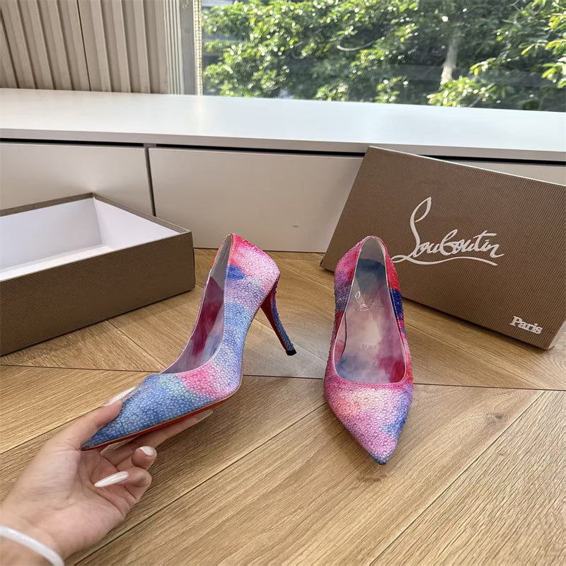 CL 【Red Sole】Rainbow gradient rhinestone-encrusted pointed-toe high heels