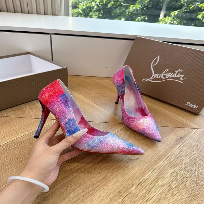 CL 【Red Sole】Rainbow gradient rhinestone-encrusted pointed-toe high heels