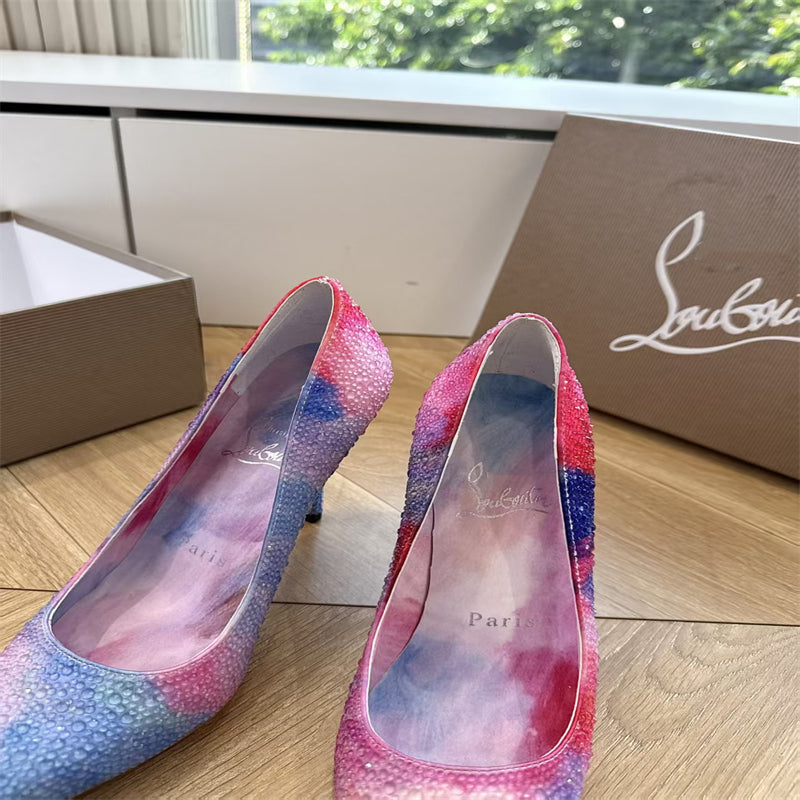 CL 【Red Sole】Rainbow gradient rhinestone-encrusted pointed-toe high heels