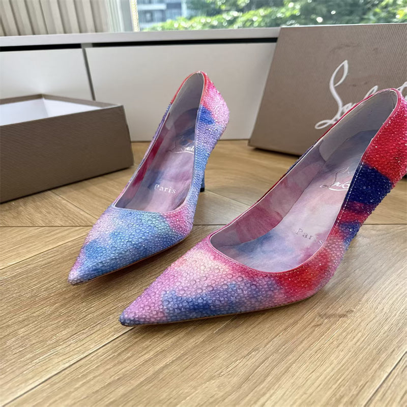 CL 【Red Sole】Rainbow gradient rhinestone-encrusted pointed-toe high heels