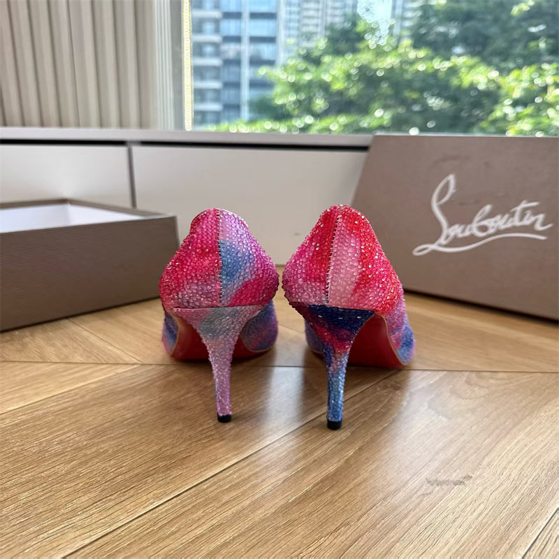 CL 【Red Sole】Rainbow gradient rhinestone-encrusted pointed-toe high heels